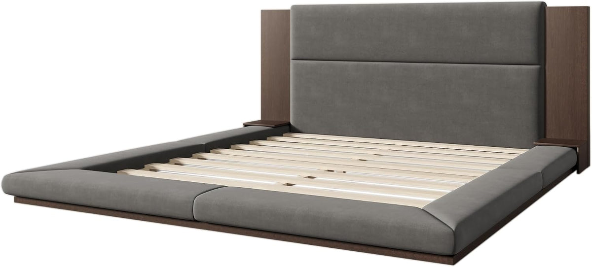 VilroCaz Modern King Size Upholstered Grounded Bed, Velvet Fabric Floor Upholstered Platform Bed with Extended Wood Headboard & Bedside Shelf, No Box Spring Required (King)