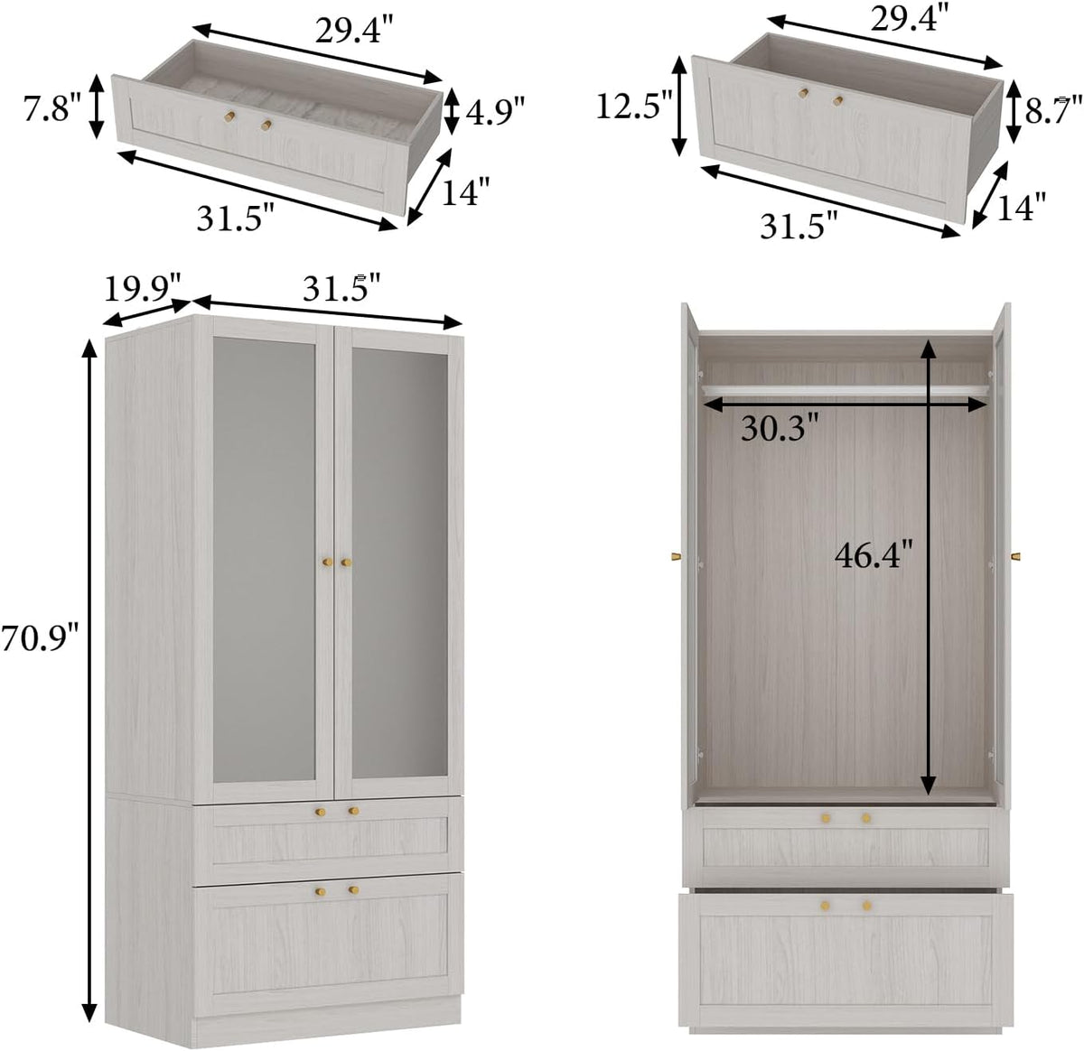 MOUMON Modern Wardrobe with Drawers, Bedroom Armoires with Frosted Glass Doors and Hanging Rod, Armoire Wardrobe Closet with Gold Knobs, Wood Grain 31.5" W x 19.9" D x 70.9" H