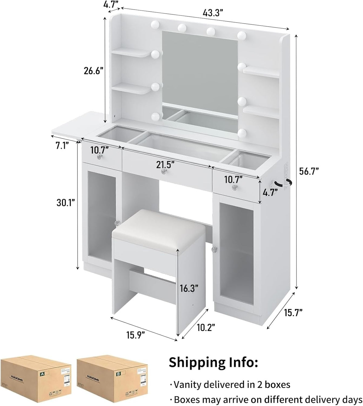 Yanosaku Makeup Vanity Desk with Mirror and Lights, RGB Lighted Vanity Desk with Power Outlet, 3 Drawers & 2 Large Tempered Cabinets, Fold-up Panel, Glass Top Vanity with Chair for Bedroom, White