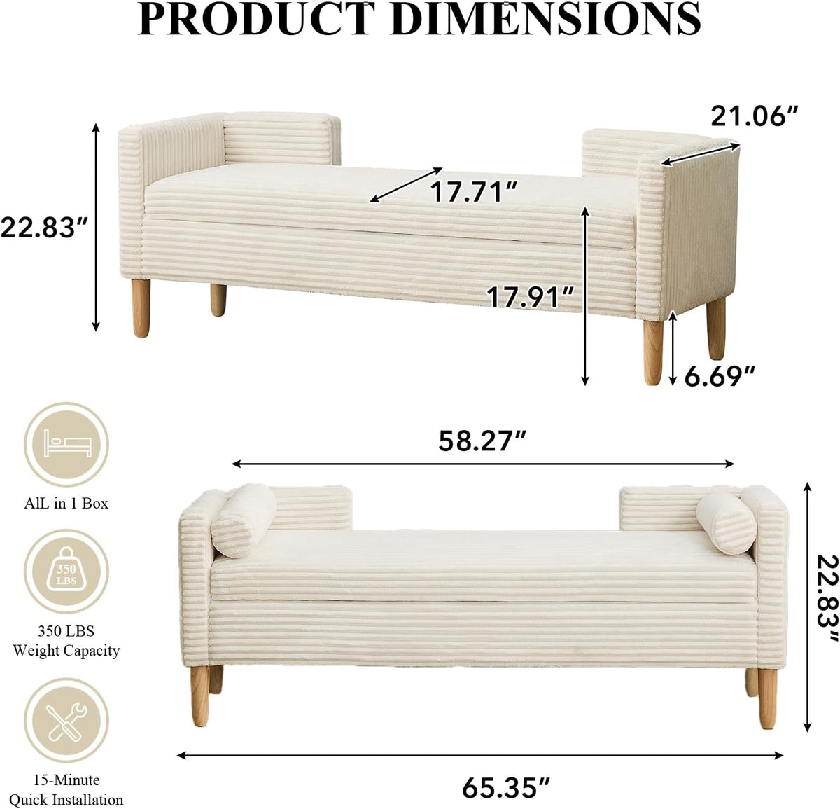 65.35" Storage Bench, Corduroy Upholstered End of Bed Bench with Bolster Pillows, Modern Storage Bench with Natural-Patterned Wooden Legs, Comfy Entryway Bench for Entryway (Beige)