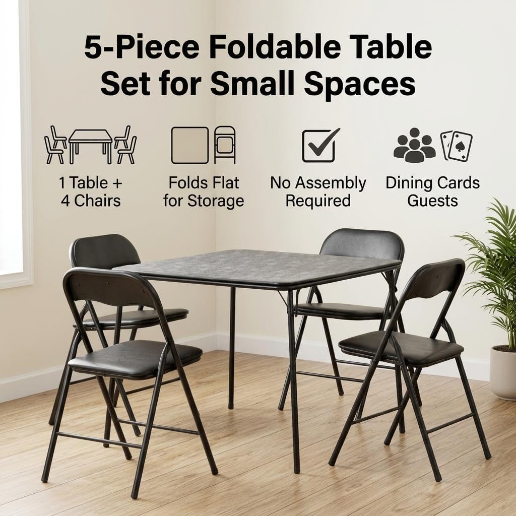 FurnitureR Folding Card Table and Chairs Set of 4, 5-Piece Foldable Dining Table Set, Space Saving Small Table and Chairs for Apartment, Game Room, Indoor Use, No Assembly Required
