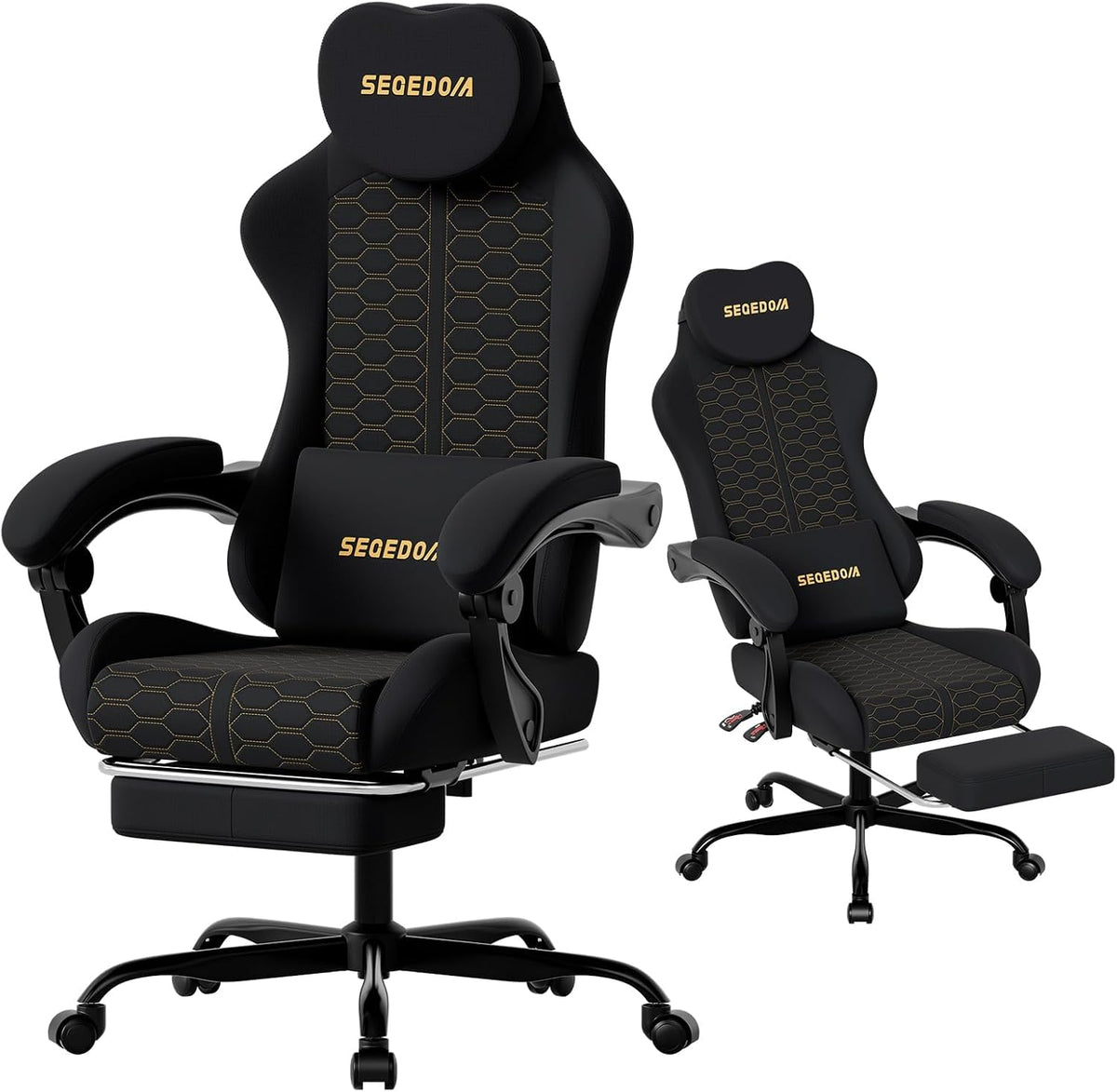 Honeycomb Embossed Gaming Chair with Footrest & Massage Lumbar Support, Adjustable Ergonomic Office Chair for Adults, 300 lbs (Black)