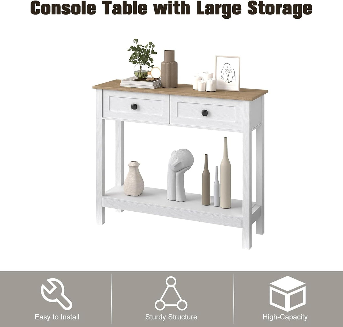 kinbor Entryway Table - White Console Table with 2 Drawers, Narrow Small Console Table with Storage Shelf for Entryway, Living Room, Hallway, Easy to Install, White