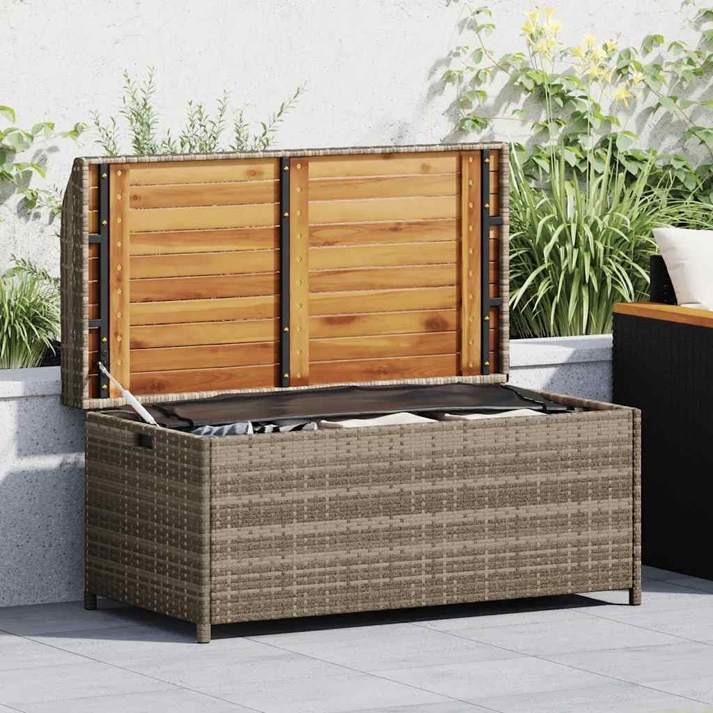 Poly Rattan Storage Bench with Gas Spring Lid, Grey Brown Acacia Wood Seat, Water-Resistant Outdoor Patio Organizer for Cushions and Tools