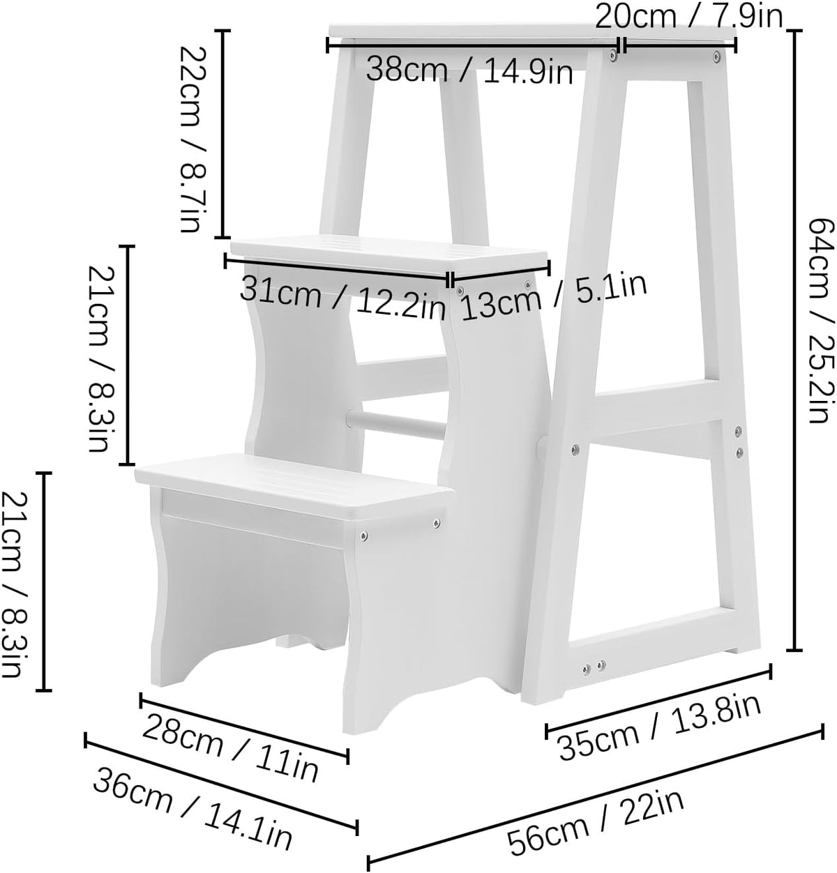 Solid Wood Folding Library Ladder Chair, Lightweight Portable Multifunctional Step Stool, 3-Step Stool Stepladders, Display Stand and Flower Stand for Kitchens, Garages (White)