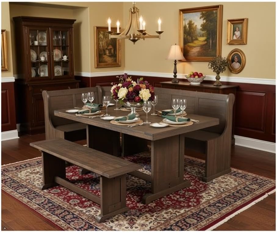 Pemberly Row 4-Pieces Dining Set Wood, Rectangular in Cherry (36" H x 75" W x 56" D) for Kitchen, Dining Room with Table, Reversable Seating, and Storage Space
