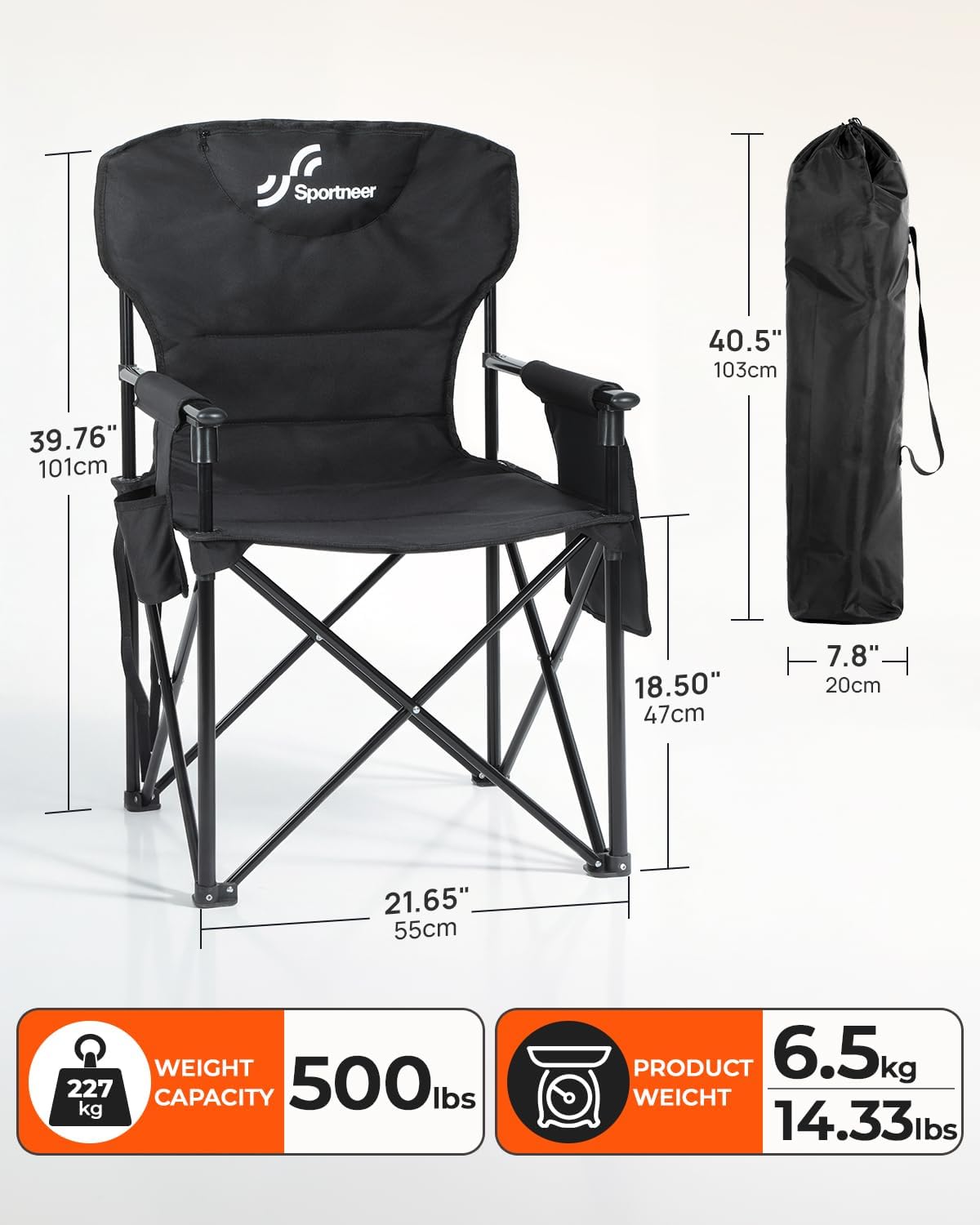 Sportneer Oversized Heavy Duty Camping Chair 500 LBS Capacity, Folding Portable Chair with Padded Seat, Strong Armrests for Easy Standing, Cup Holder & Side Storage Bag, Outdoor Camping Fishing Chair