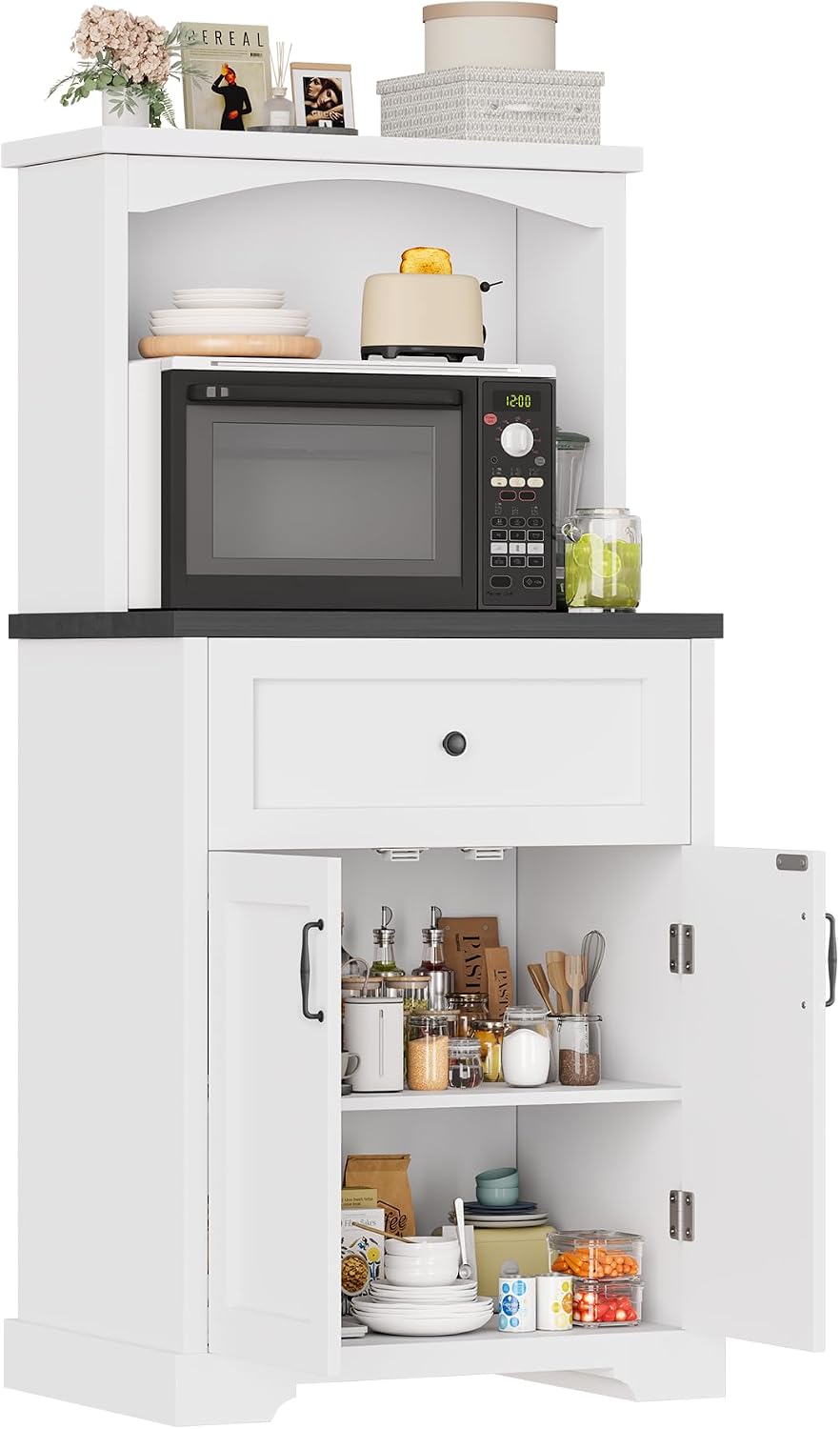 Microwave Stand with Storage and Drawer, Kitchen Pantry Storage Cabinet | Buffet Coffee Bar Cabinet with Adjustable Shelves, Charging Station, Kitchen Hutch Microwave Table for Dining Room