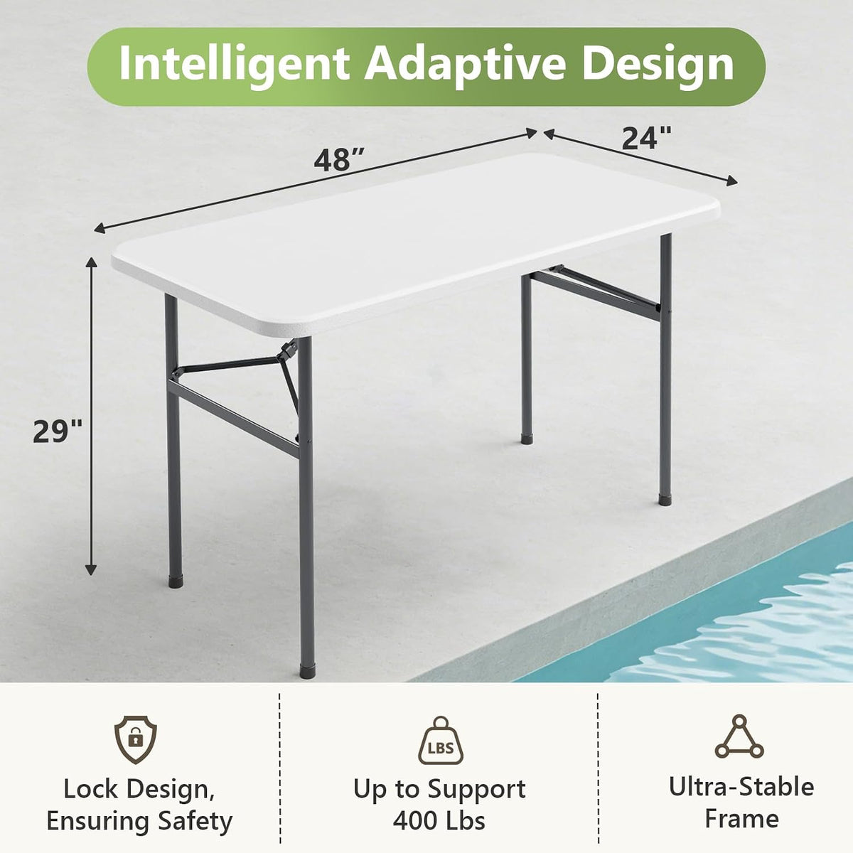 Folding Table, 2 Pack 4ft Folding Table with Foldable Steel Legs, Heavy Duty Plastic Foldable Table, Metal Frame, Support up to 400 lb, Portable for Banquet, Craft, Party, Indoor & Outdoor Use, White