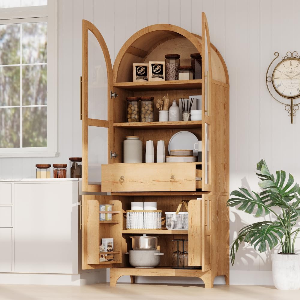 71 Inch Arched Kitchen Pantry Cabinet with Glass Doors and Hidden Drawer, Farmhouse Storage Four Door Cupboard with Internal Door Shelves, Adjustable Shelving and Anti-Tip Kit (Natural)