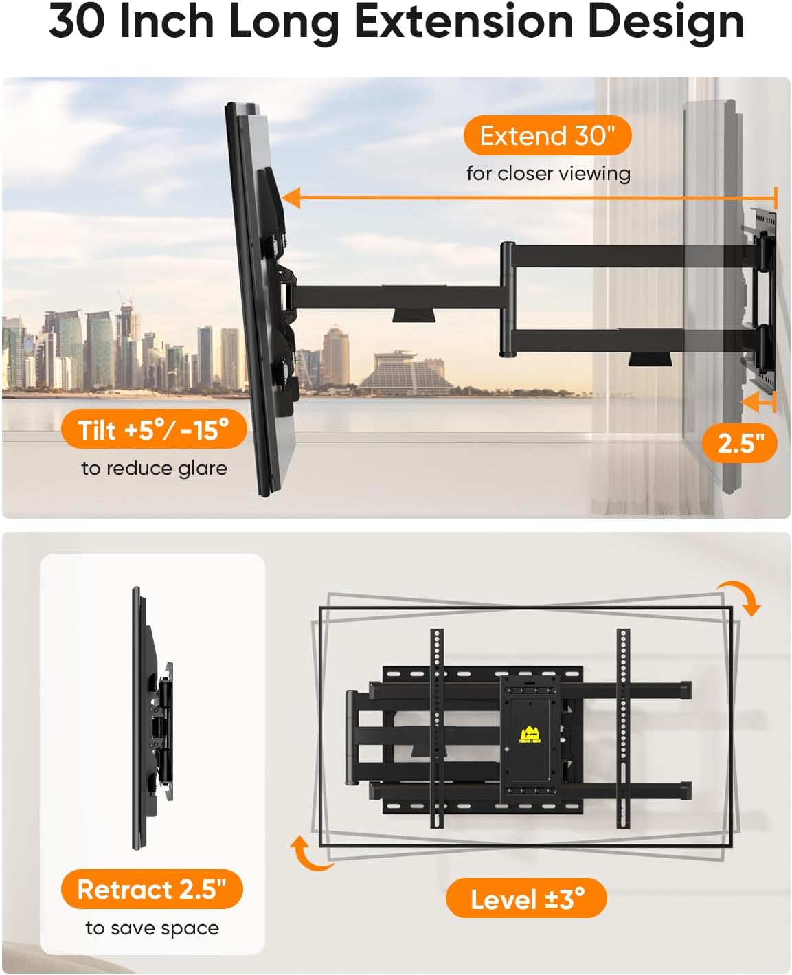 FORGING MOUNT Corner TV Wall Mount for Most 37-75 Inch TVs up to 99lbs | Full Motion TV Wall Mount with 30" Long Extension Arm, Swivel Tilt, Max VESA 600x400mm