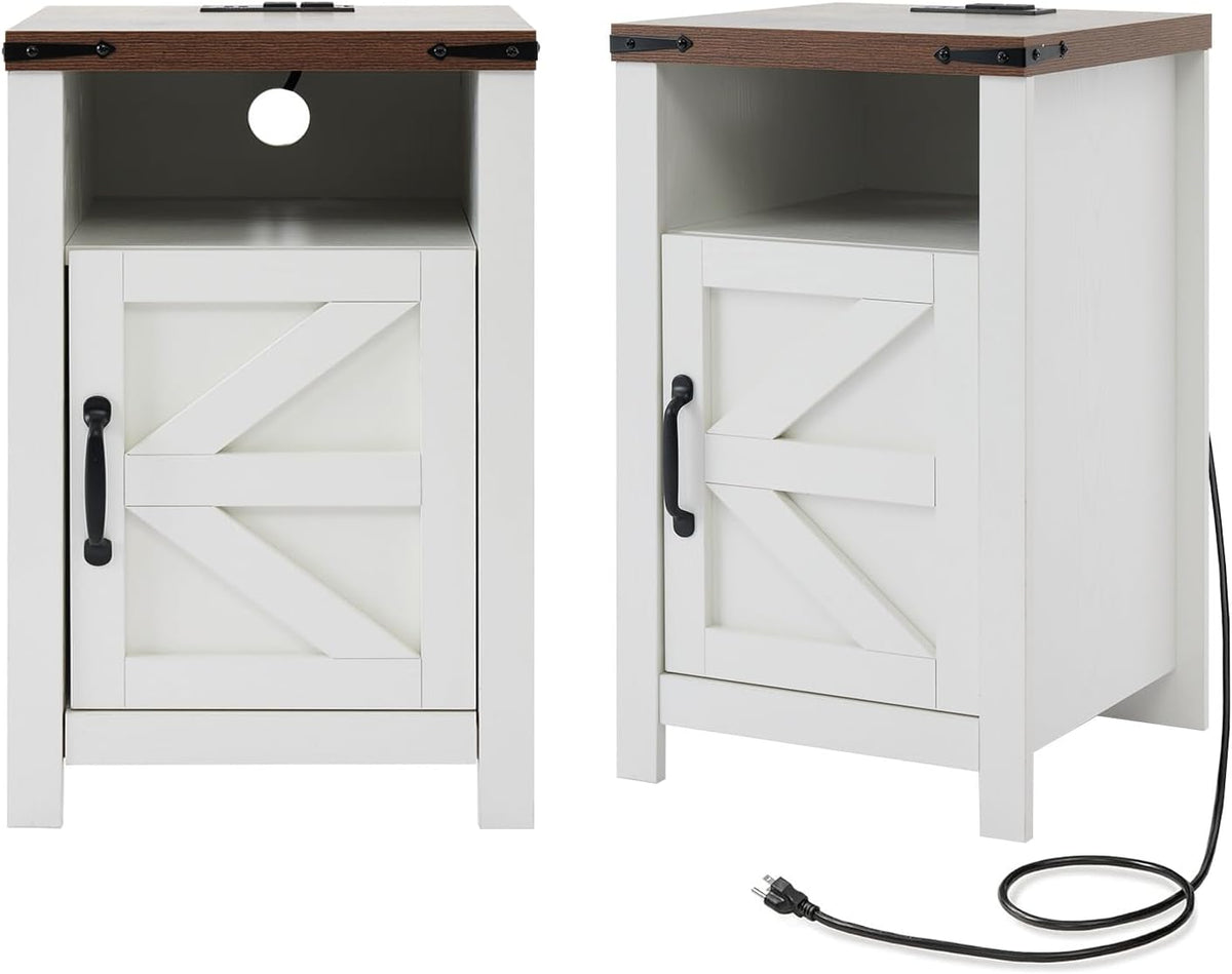 Farmhouse Nightstand Set of 2 with Charging Station, Modern Bedside Table with Barn Door and Shelf, Sofa Side Table End Table for Bedroom, Living Room, White