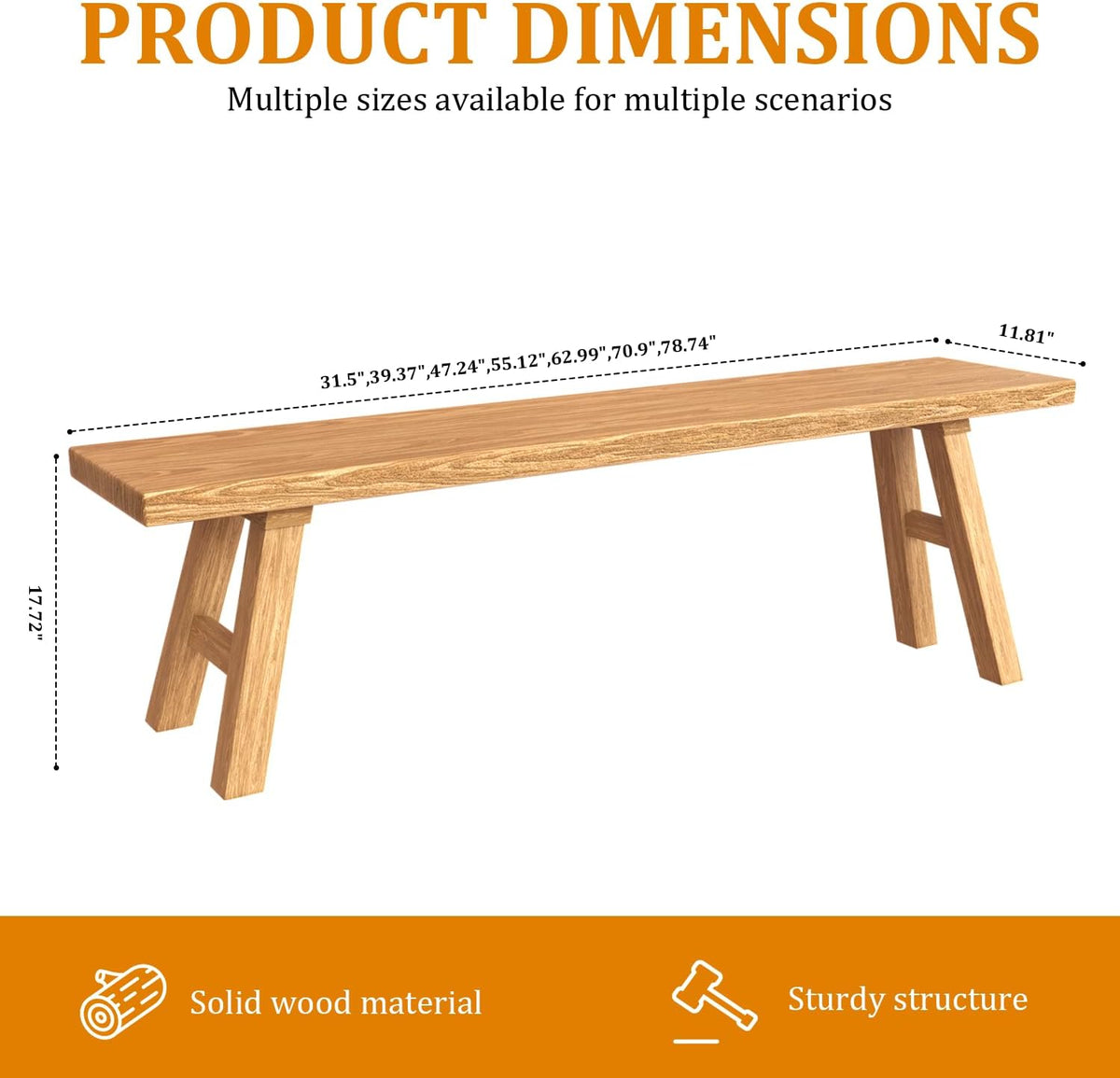 Solid Wood Entryway Bench - Rustic Elm Farmhouse Dining Bench for Hallway, Bedroom, Kitchen - 2-Person Seating, Natural Wood Finish