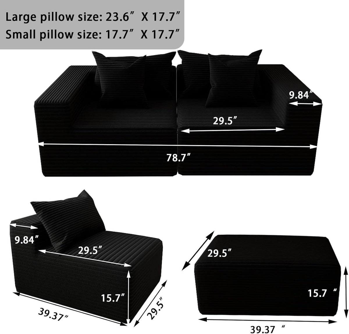 Oversized Cloud Couch Ottoman, Frameless Wide-Wale Corduroy Footrest for Living Room, High-Density All-Foam Large Rectangle Ottoman Coffee Table for Sectional Sofa (Black, Ottoman)