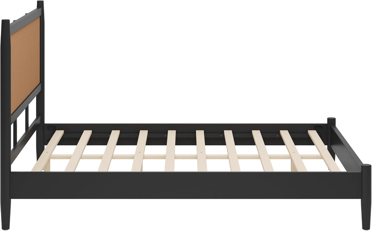 Merax Black Queen Size Platform Bed Frame with Rattan Headboard