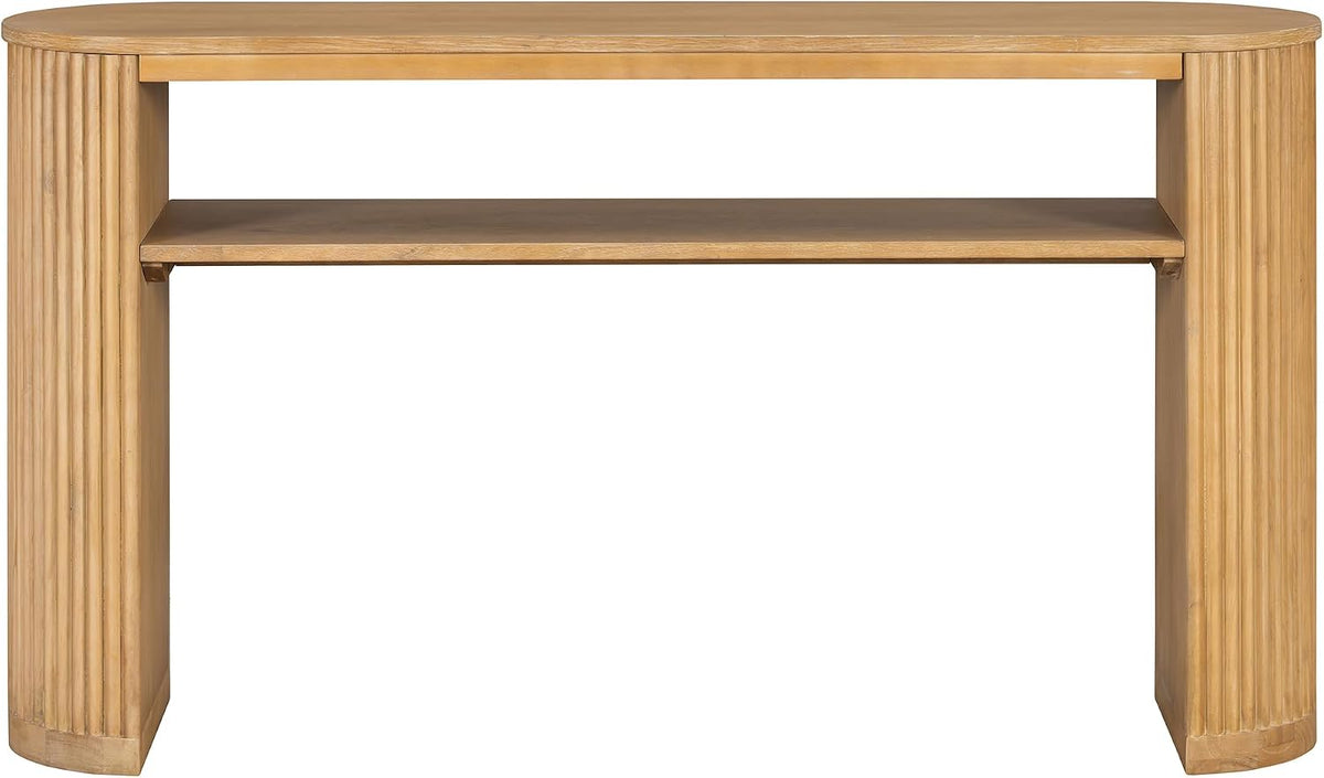 Vintage Farmhouse Console Table with Fluted Legs & Ash Veneer Top - Oval Entryway Sofa Table, Rustic Accent with Open Storage Shelf, Distressed Finish Options (Natural9)