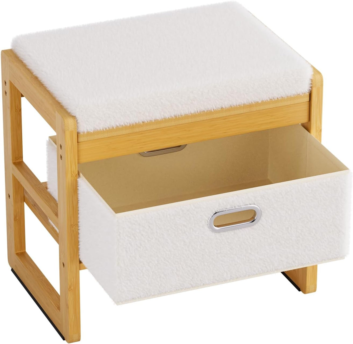Storage Ottoman, Bamboo Footstool with Drawer, 3-in-1 Soft Ottoman with Storage, Multifunctional Footrest, Seat & Organizer for Living Room, Bedroom, Entryway Gift Set for Family