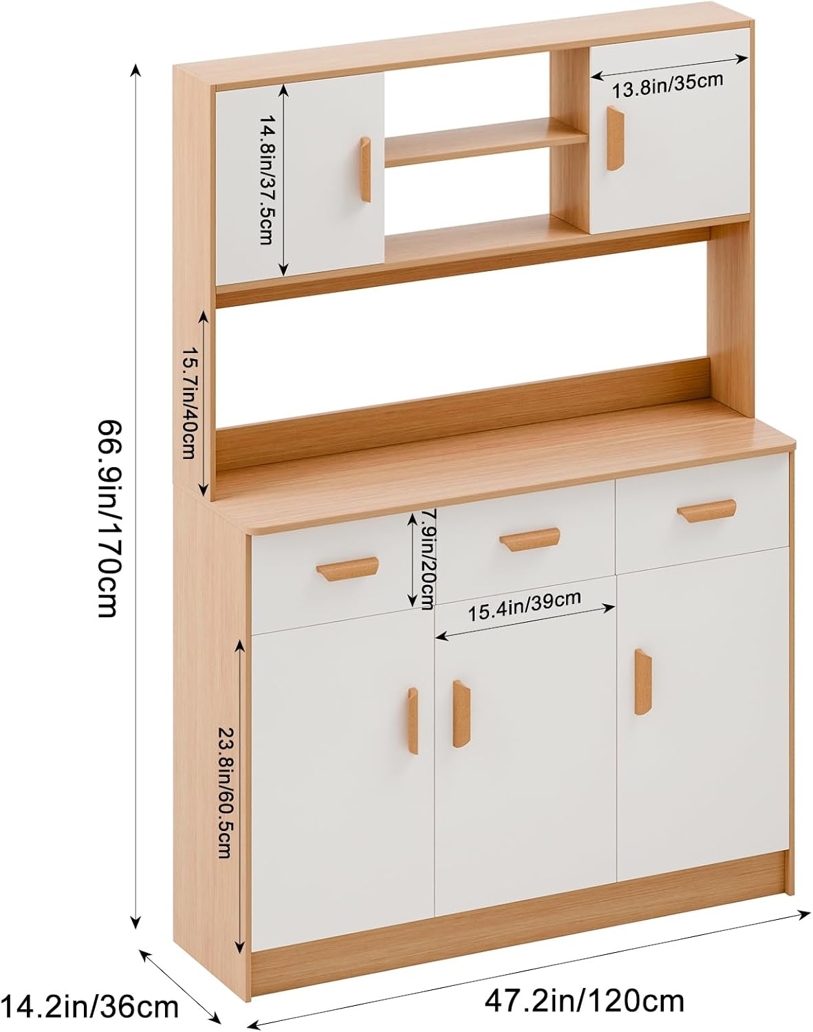 Talent Star Pantry Cabinets for Kitchen Storage, Freestanding Hutch Cabinet with Buffet Cupboard, Utility Pantry with Microwave Stand, Household Wall Tall Sideboard with 3 Drawers Wooden Color