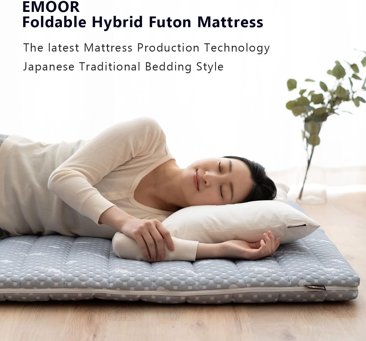 EMOOR Foldable Hybrid Futon Mattress, High-Resilience Urethane Foam 150N with Washable Padded Cover, Twin, Tatami Floor Sleeping Mat Pad Topper, Gray
