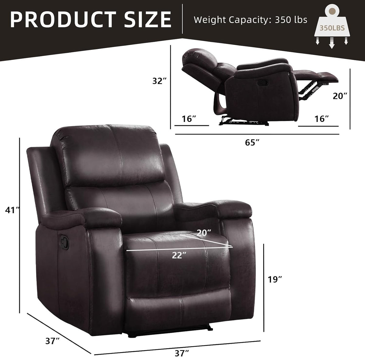 IOMOR Leather Recliner Chair, Manual Recliner Chair for Adults with Overstuffed Arms and Back, Single Sofa Recliner with Cup Holders for Living Room (1, Dark Brown)