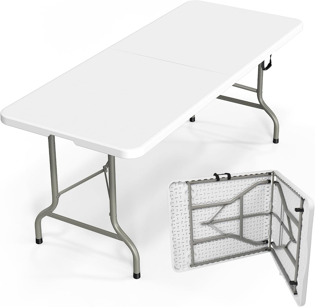 Bonnlo Folding Table 6ft, Portable Collapsible Plastic White Long Tables for Party, Camping, Banquet, Craft, Dining, Wedding, Outdoor and Indoor Use