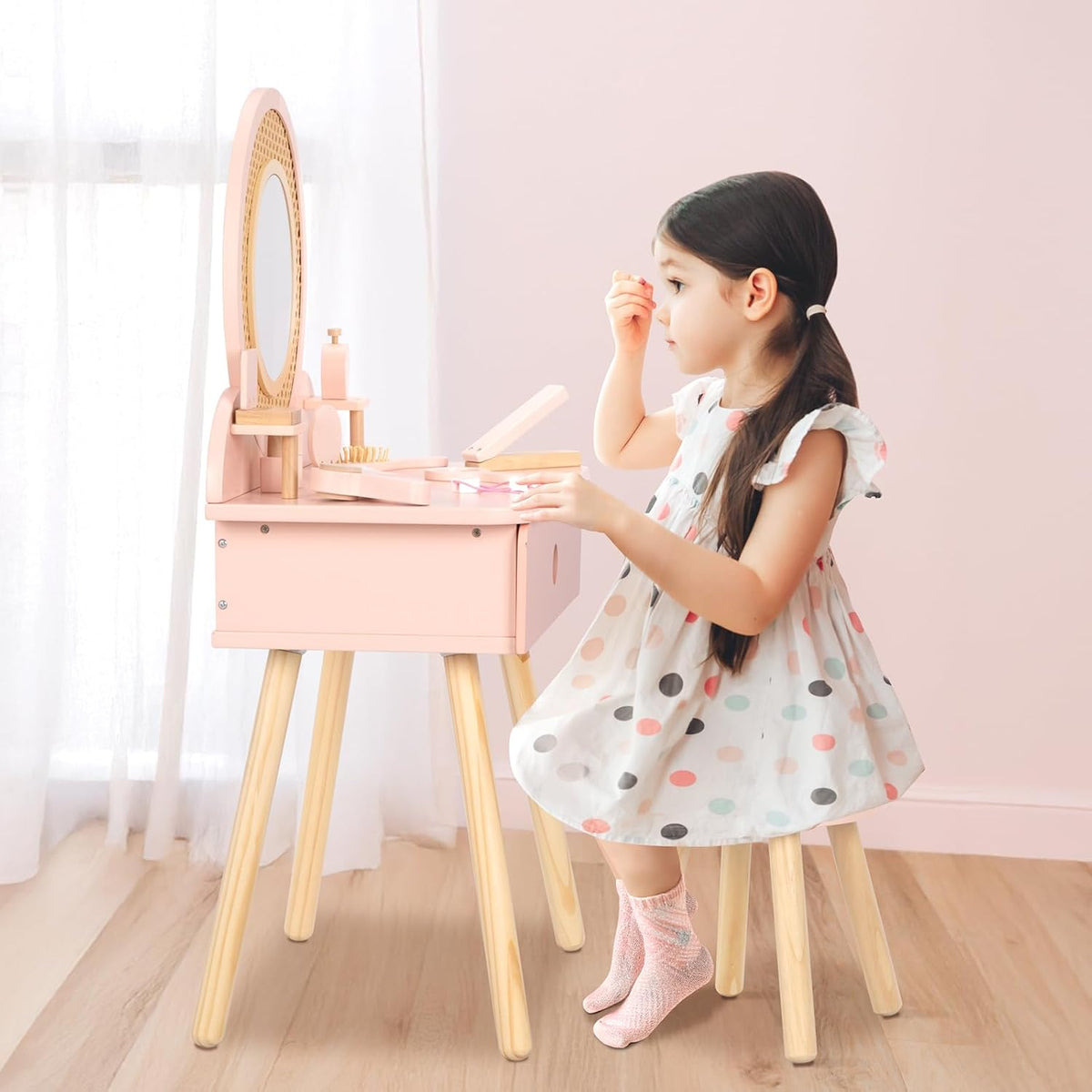 OOOK Toddler Vanity Set with 11pcs Accessories, Kids Vanity Table Chair Set | FSC Safety, Pink Pretend Makeup Toy with Straw Weaving Decor, Suitable for Girls Aged 3+