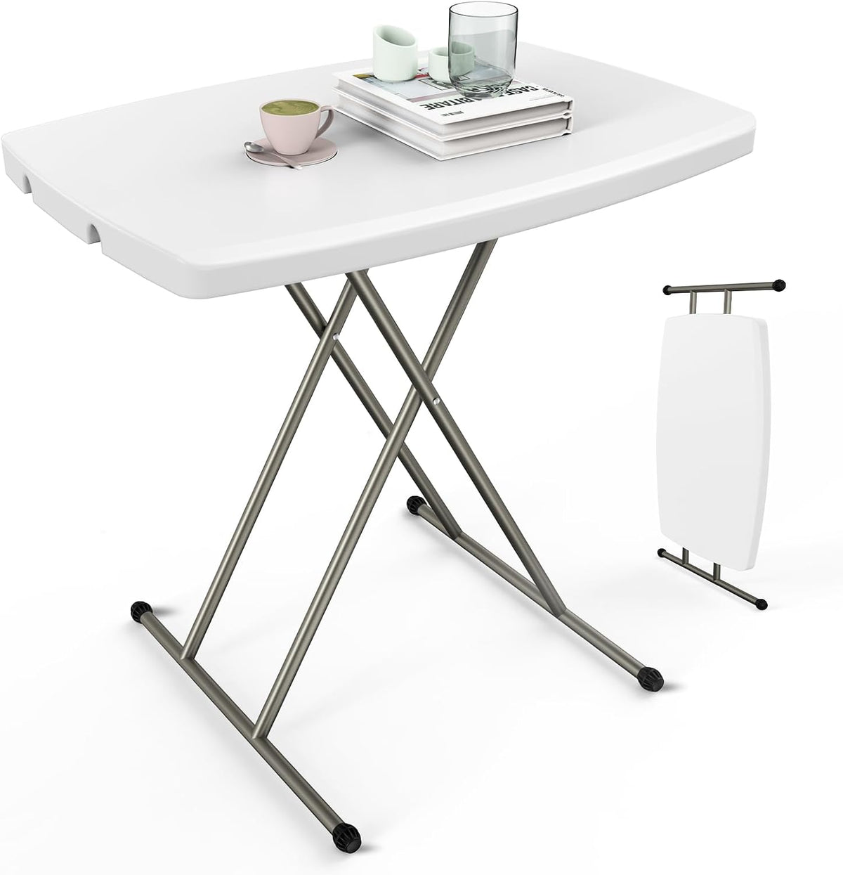 VINGLI Small Adjustable Folding Table, 13.8 in-28 in Height Personal Laptop TV Tray, HDPE Plastic Top with Steel Frame, 30 inch, White