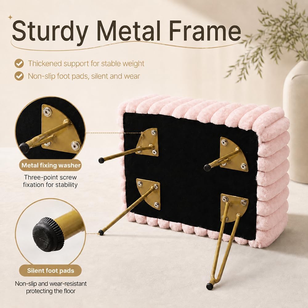 Faux Fur Storage Ottoman, Modern Soft Footstool, Storage Bench with Metal Legs, Vanity Seat, Fur Stool, Ottoman Coffee Table, Makeup Chair, Vanity Stools for Bedroom (Pink)