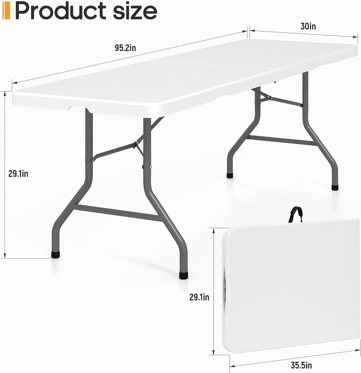 8ft Folding Table Heavy Duty Foldable Table Lightweight Plastic Table with Reinforced Legs for Indoor Outdoor Use Perfect Portable Folding Tables for Parties, BBQs, Weddings, Camping White