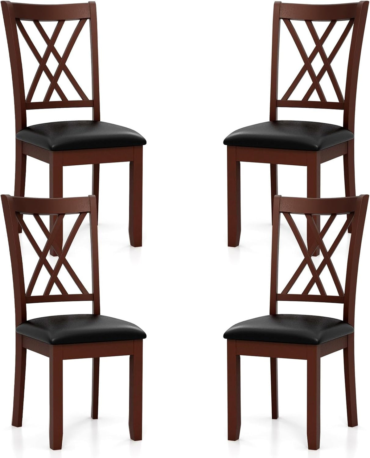 COSTWAY Set of 4 Dining Chairs, Wooden Kitchen Side Chair with PU Leather Padded Seat, Rubber Wood Frame & High Back, Farmhouse Dining Room Chairs for Home & Restaurant, Walnut
