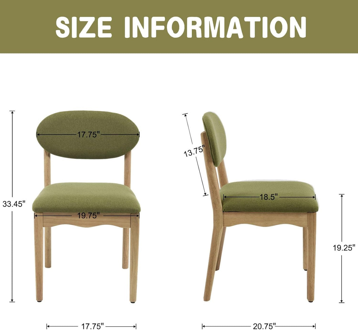 ROCITY Green Upholstered Dining Chairs Set of 2 Wood Dining Room Chairs Farmhouse Boho Kitchen Chairs Linen Fabric Natural Oak Wood