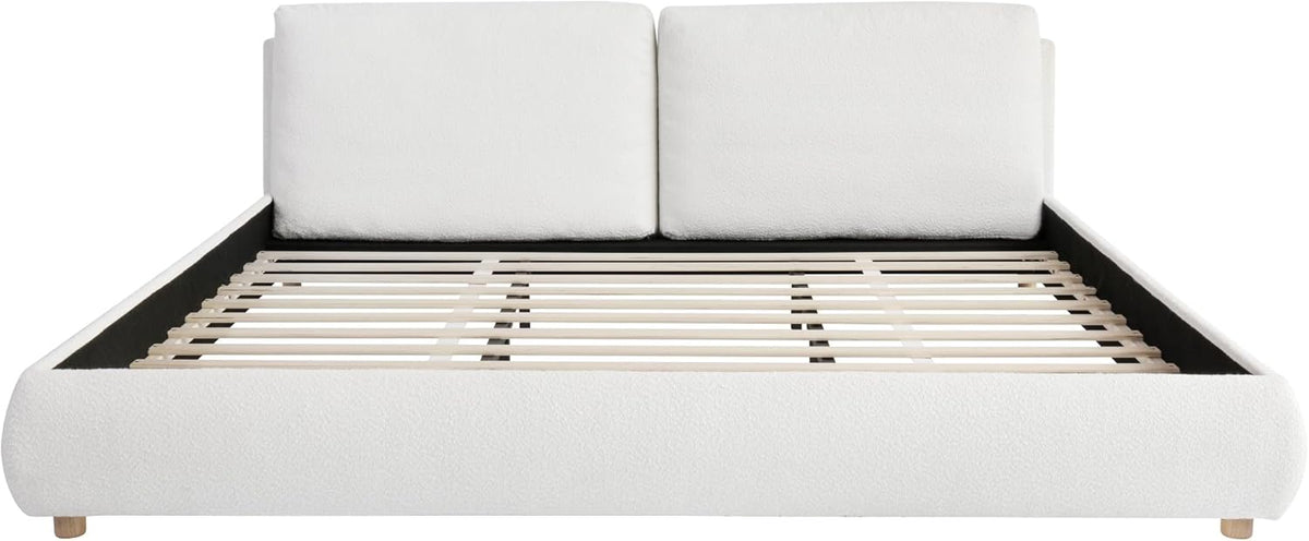 Merax King Boucle Platform Bed with 2 Removable Headboard Pillows, White