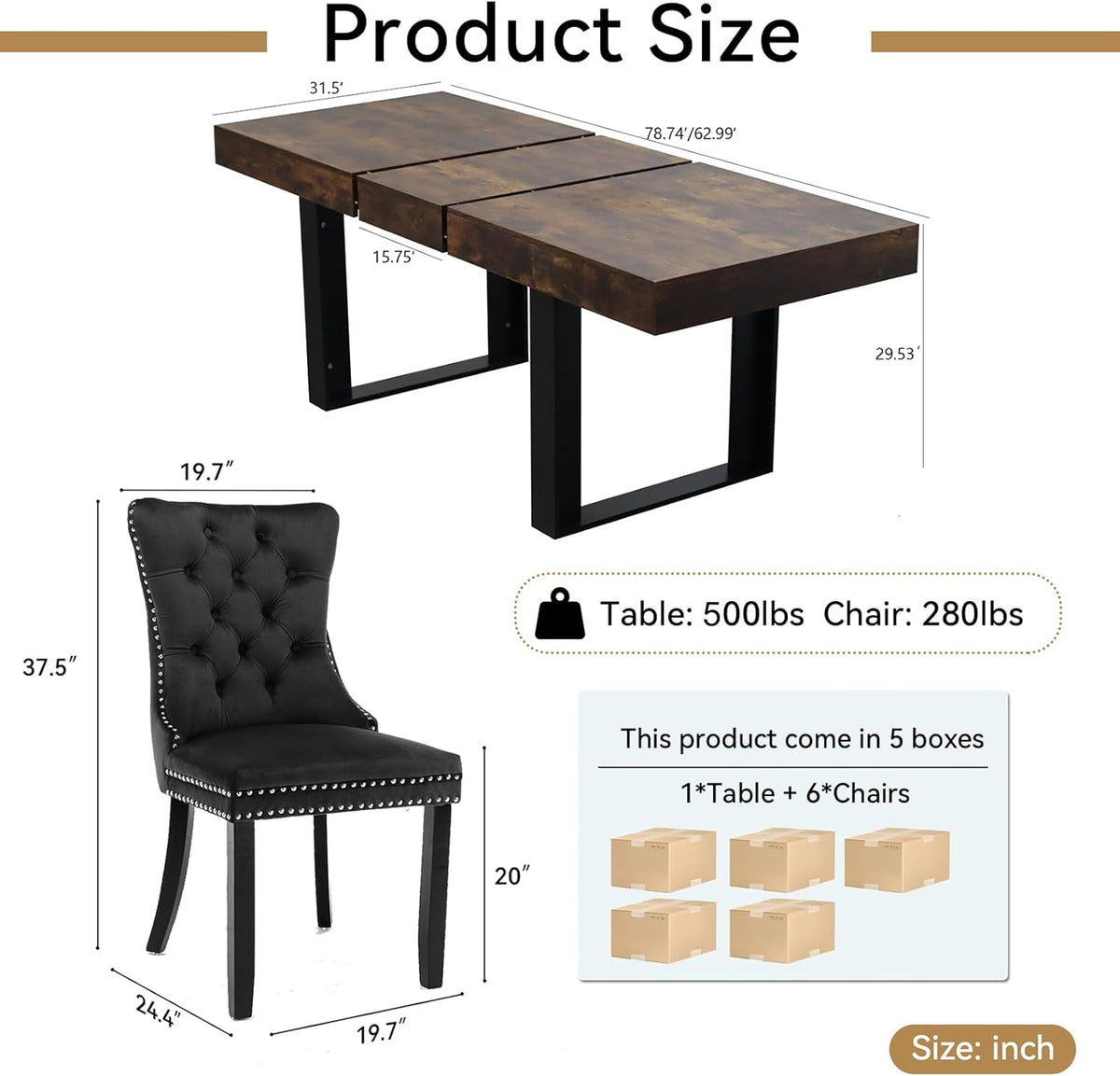 7-Piece Extendable Dining Table Set for 6, 63-78 Inch Rustic Brown Kitchen Table Set with 6 Black Tufted Chairs Farmhouse Wood Expandable Dining Room Table Set 6 for Kitchen Dining