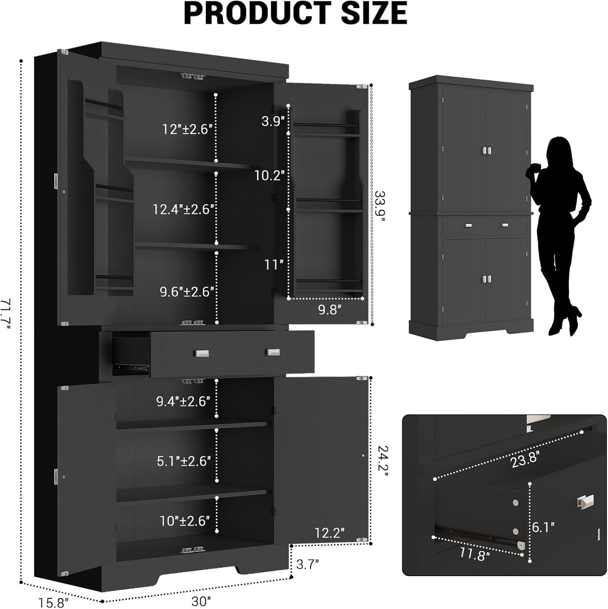 72" Kitchen Pantry Cabinet, Kitchen Pantry with 6 Door Shelves, 2 Cabinets and 1 Drawer, Tall Storage Cabinet for Living Room, Dining Room, Black