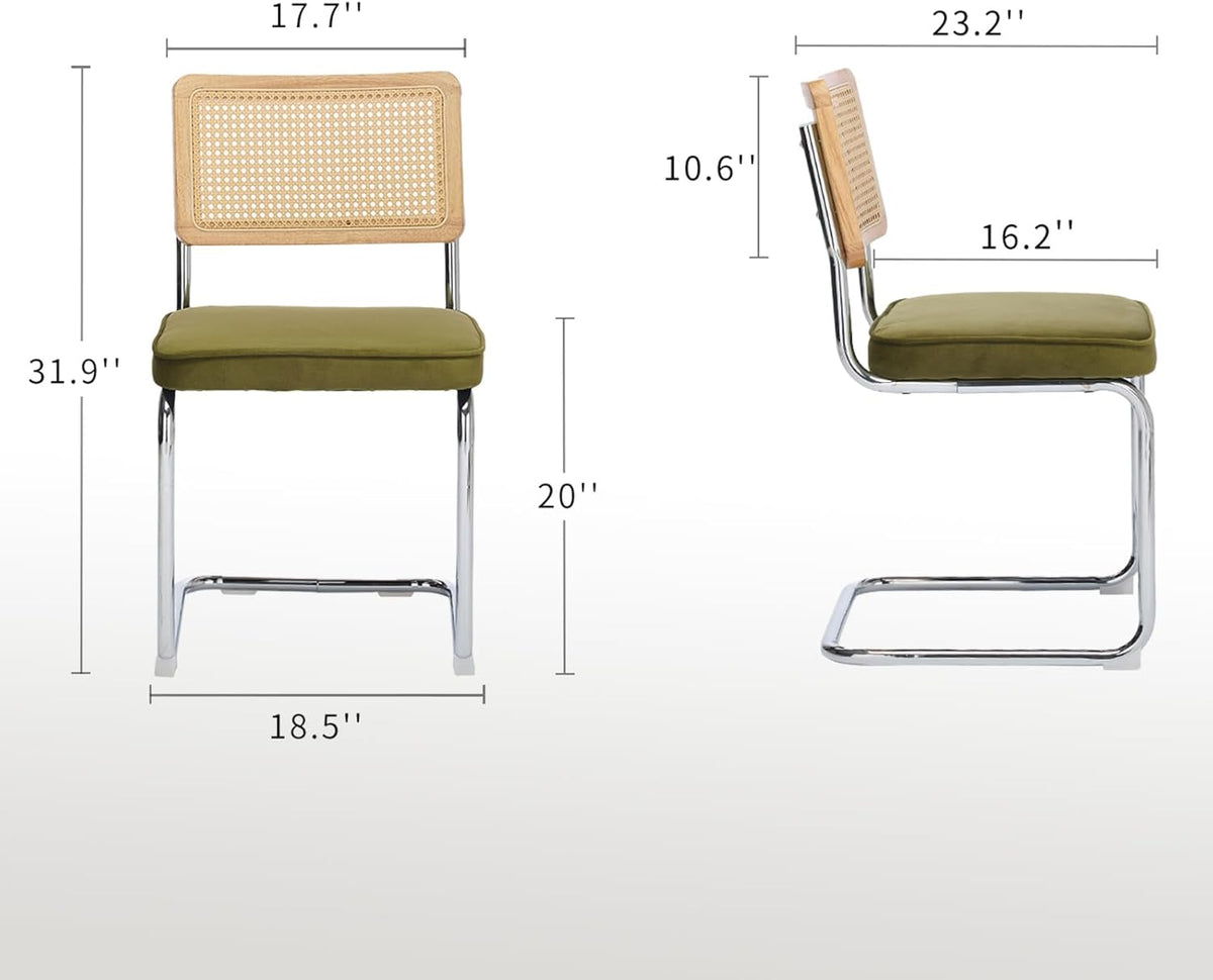Rattan Dining Chairs Set of 4, Mid-Century Modern Dining Room Chairs with Cane Back, Velvet Upholstered Seat & Chrome Cantilever Frame, Sillas de Comedor, Kitchen & Dining Room Chairs (Green)