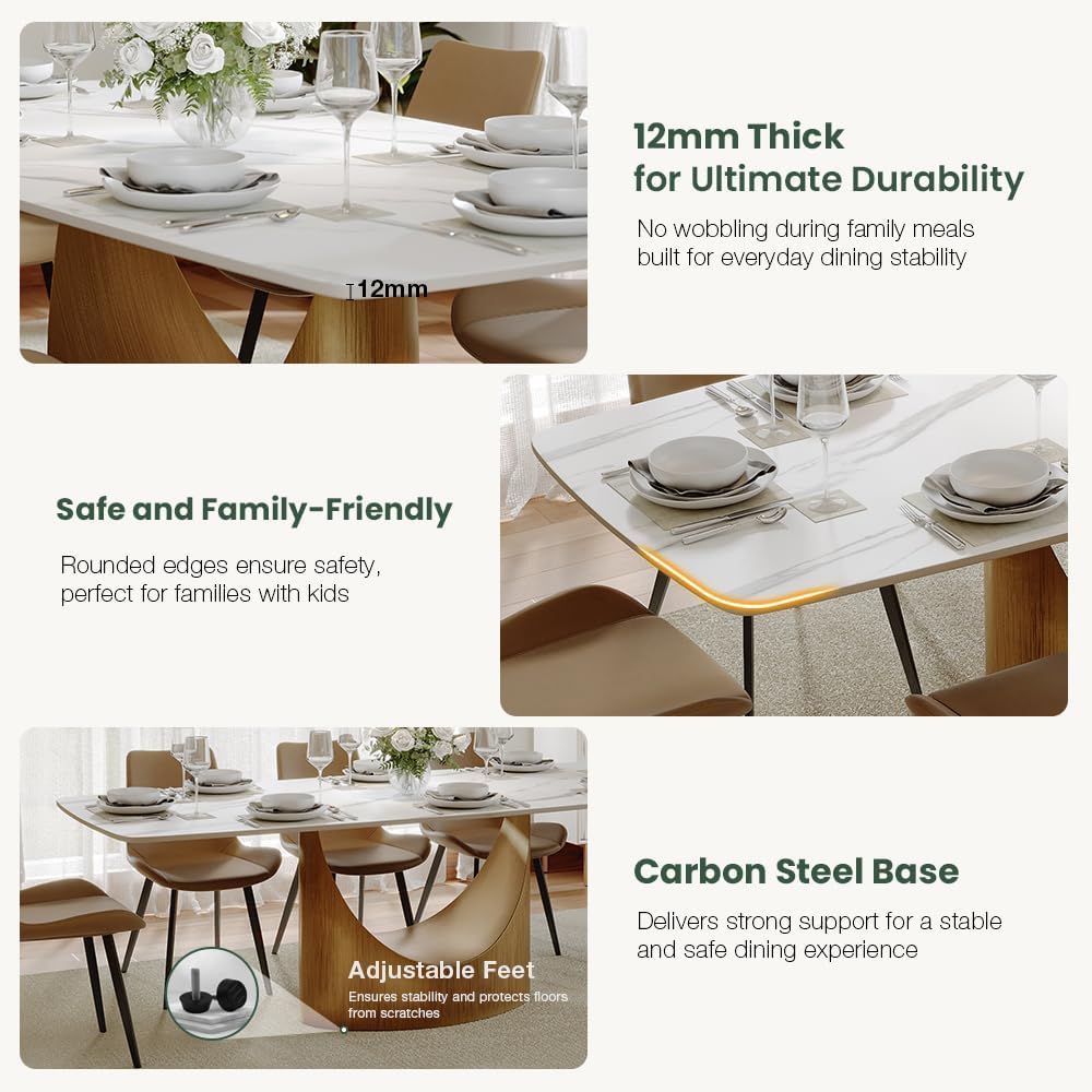 POVISON 71" Modern Dining Table for 6-8, Matte White Sintered Stone Top | Bronze Carbon Steel Pedestal Base, Hobart Minimalist Rectangular Table for Dining Room, Kitchen, Home（Table Only）