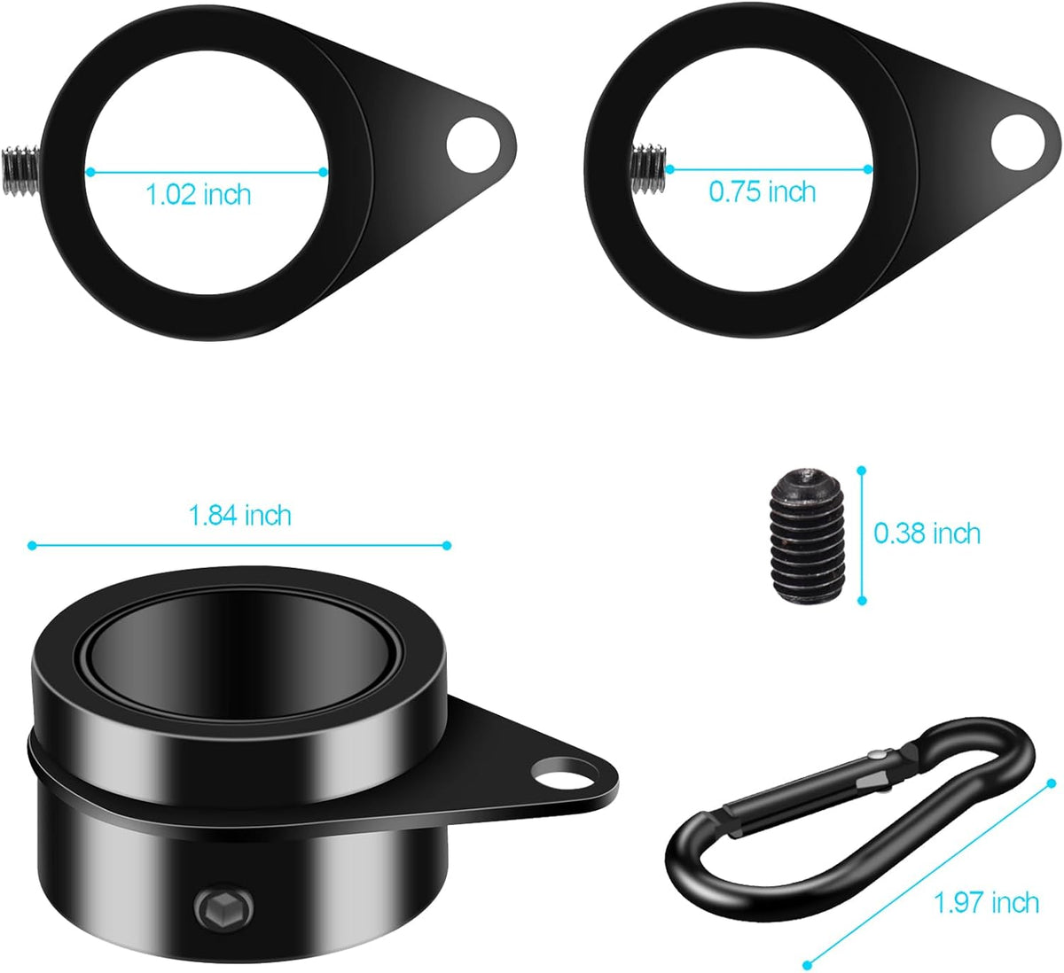 Flag Pole Rings, 1" Spinning Flagpole Ring Clips, 2 Pcs Aluminum Alloy & Steel 360° Rotating Anti Wrap Flag Mounting Rings with Snap Carabiners for 0.75-1.02 Inch Diamete Flagpole (Φ1, Black)