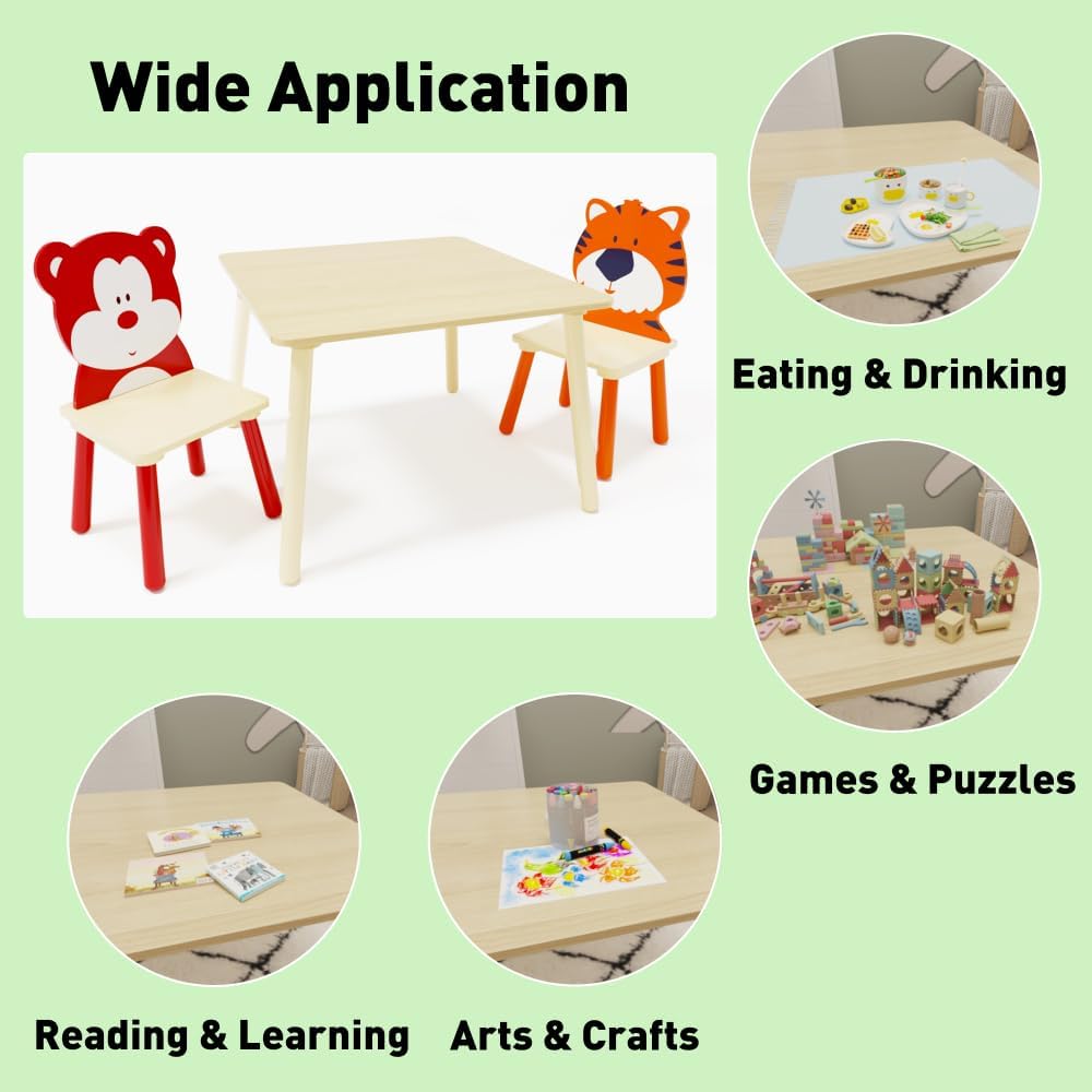 3 Pieces Kids Table and Chairs Set- Wooden Toddler Activity Table and 2 Chair Set with Bear and Tiger Chairs, Play Drawing Table for Daycare Classroom Nursery Home, Natural