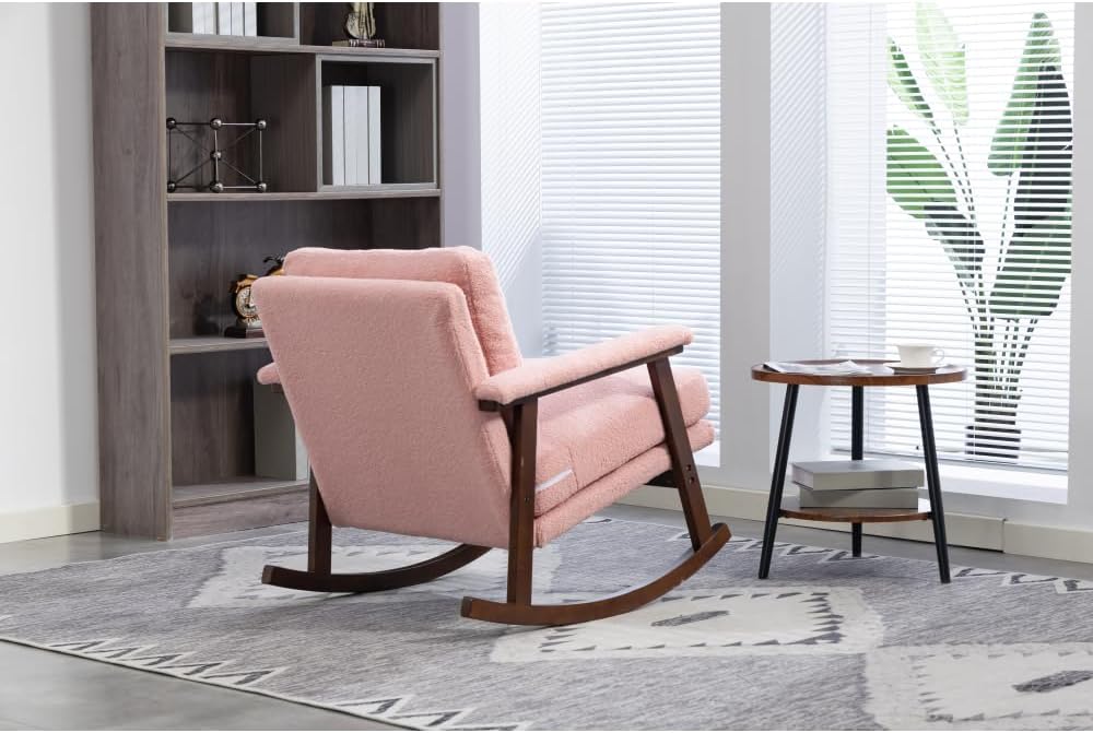 Mid Century Modern Accent Chair,Rocking Chair with Wood Frame, Upholstered Living Room Chairs, Reading Armchair for Bedroom Sunroom (Light Pink + Velvet + Cotton)