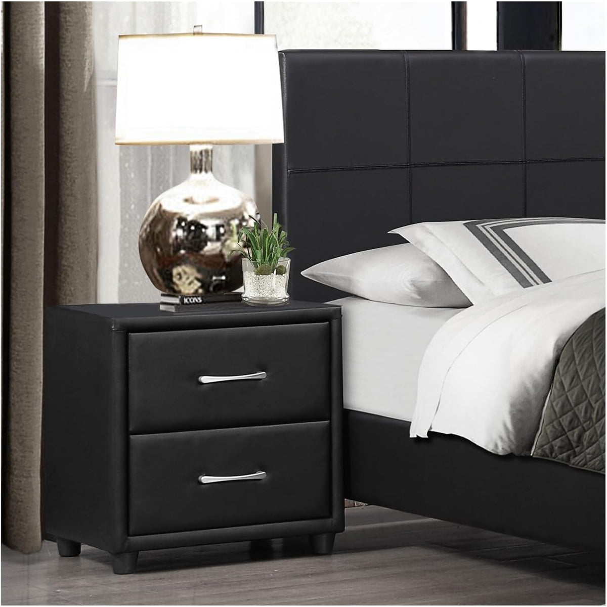 Contemporary Durable Faux Leather Covering Nightstand of Drawers Silver Tone Bar Pulls Stylish Furniture,for Small Spaces