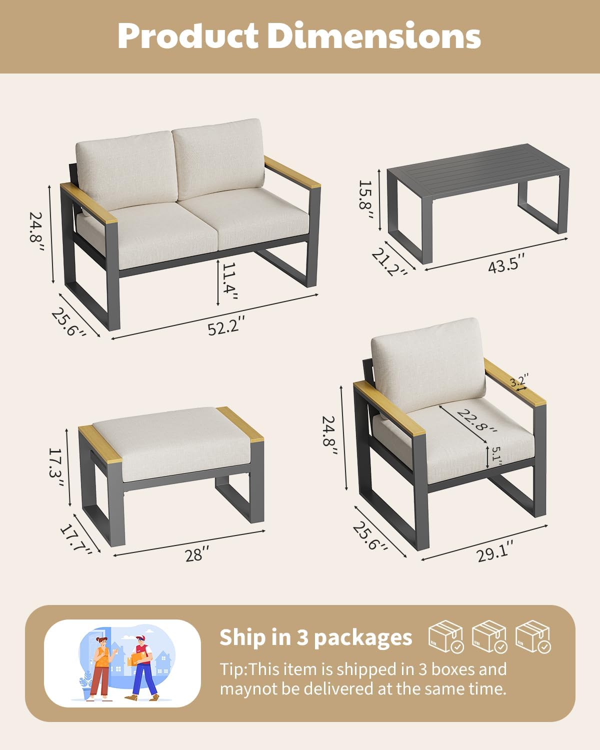 IDEALHOUSE Outdoor 2 Pieces Aluminum Patio Ottoman, Outdoor Footstool with Seat Cushions, Small Metal Outdoor Chairs for Balcony, Garden, Deck, Backyard,Beige