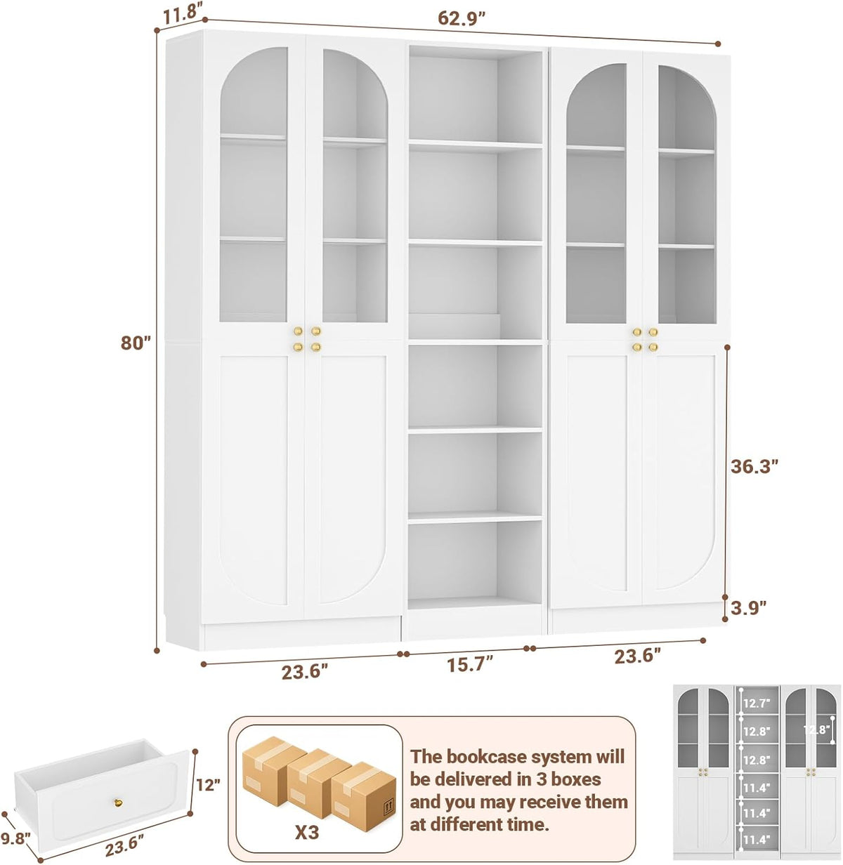 Cyclysio 80" Tall Pantry System with 4 Tempered Glass Doors, Arched Corner Pantries with 6-Tier Open Shelves, Wooden Cupboard Storage Organizer with Baseboard Cutout for Living Room