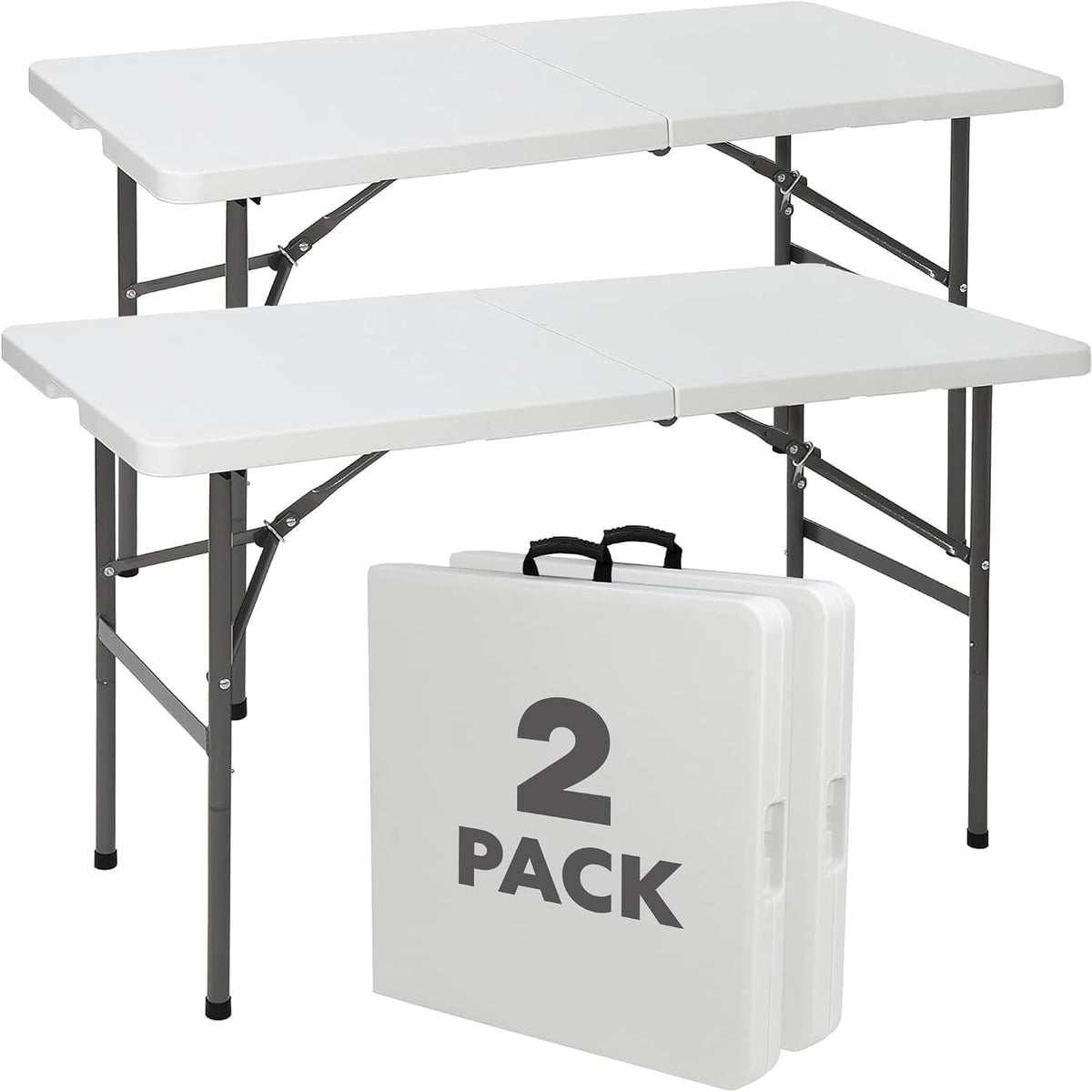 SIMPLI-Magic White Foldable Table (4FT), 2-Pack Indoor/Outdoor Folding Utility Tables with Carry Handle for Parties, Events, Crafts, and Picnics