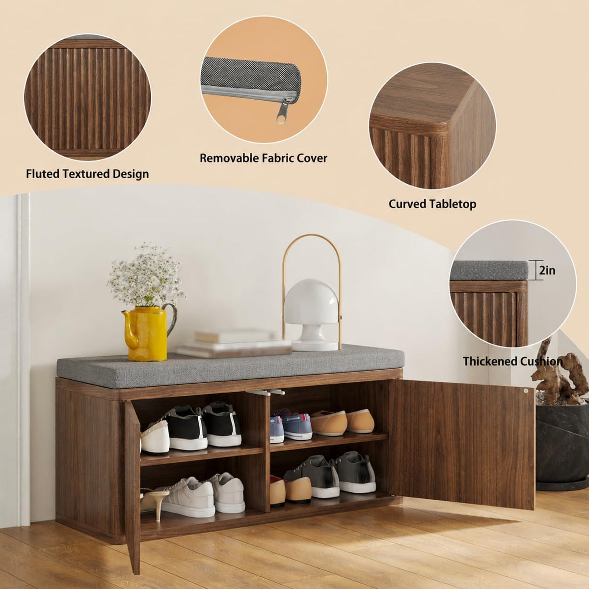 Shoe Cabinet Bench with Cushion,Double Layered Wooden Shoe Bench with Soft Cushion,Shoe Rack for Entryway,Bedroom,Living Room (Walnut Sturdy Entryway Bench)