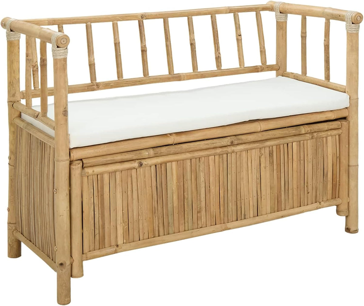 Garden Storage Bench, 43" Outdoor Storage Box Bench with Seat, Natural Bamboo Deck Box for Patio, Backyard and Sunroom, Decorative Wood Bench with Hidden Compartment