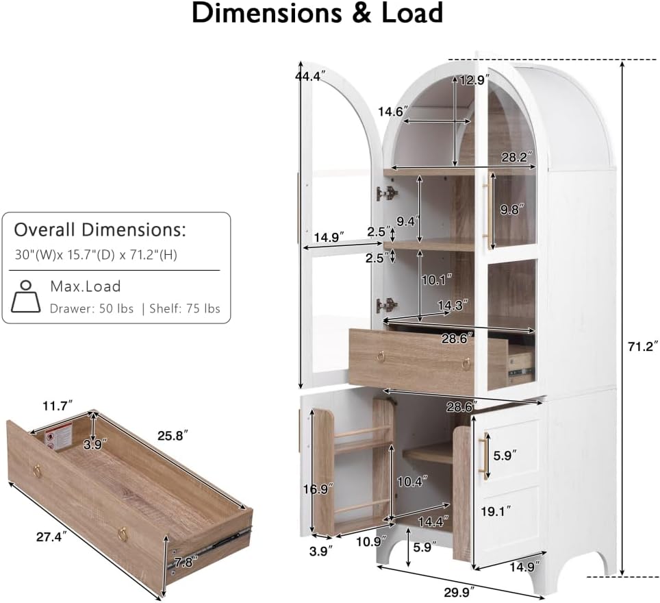 71" Tall Wooden Arched Storage Cabinet, Kitchen Pantry Cabinet with Hidden Drawer & Glass Door for Kitchen, Dining Room, Living Room and Bathroom (White)