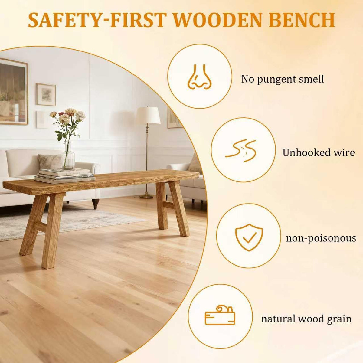 47.2" Solid Wood Entryway Bench - Extra Long Elm Wood Farmhouse Dining Bench for Hallway, Bedroom, Kitchen - Antique Natural Finish