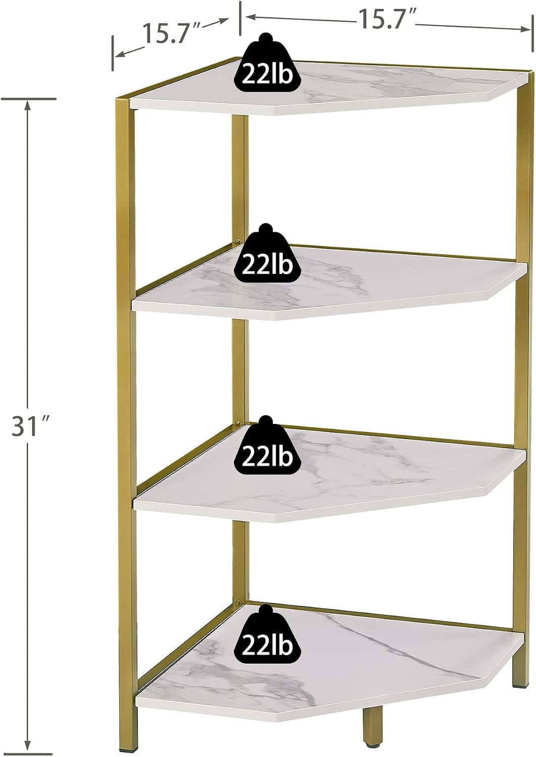 VECELO 31 Inch Corner Shelf, 4-Tier Display Shelves, Wood Storage Stand with Metal Frame, Multipurpose Shelving Unit for Small Space, Home Office,Brushed Gold