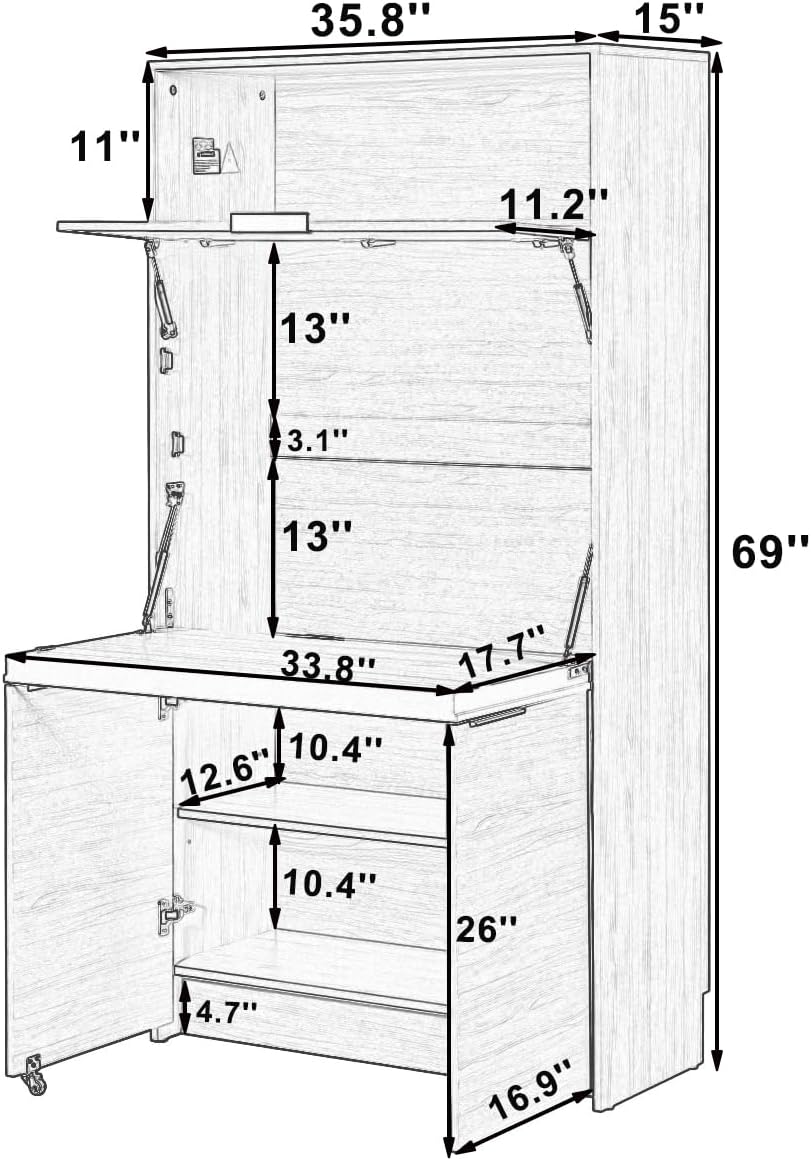 Pantry Cabinet with Hutch and Foldable Workstation, Multifunctional Wood Cupboard with Adjustable Shelf and Power Outlet for Dining, Living Room (White)