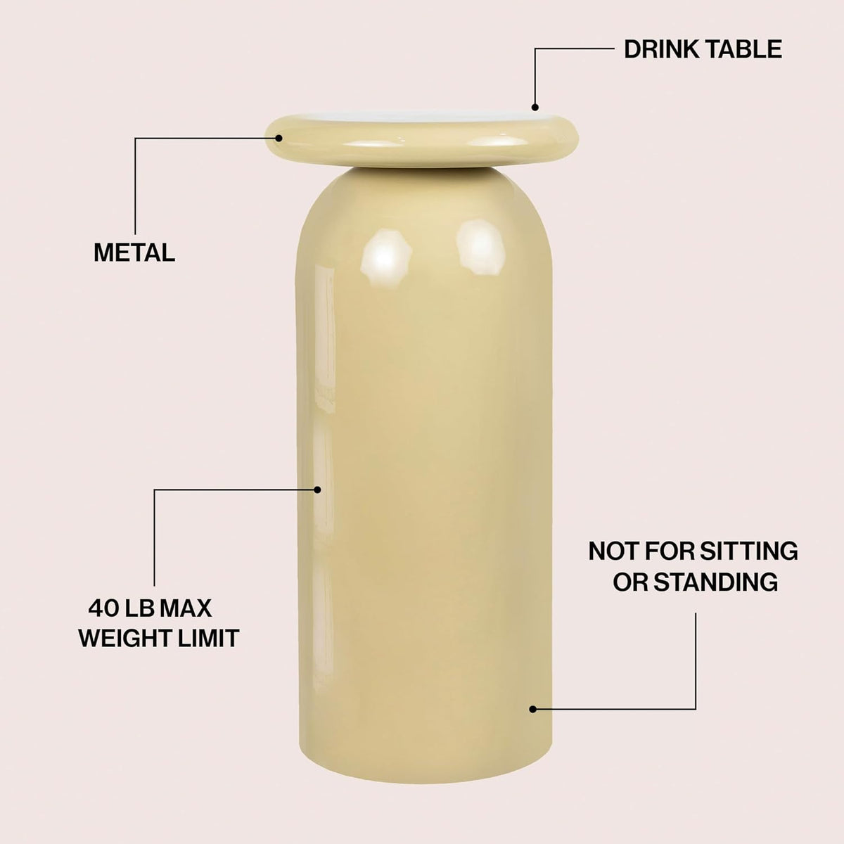 JONATHAN Y Miles Modern 22.75" Glossy Almond Metal Round Drink Table with Cylinder Mushroom Pedestal, Small Accent Side Table for Living Room and Bedroom, Minimalist Martini Cocktail Table END1008C